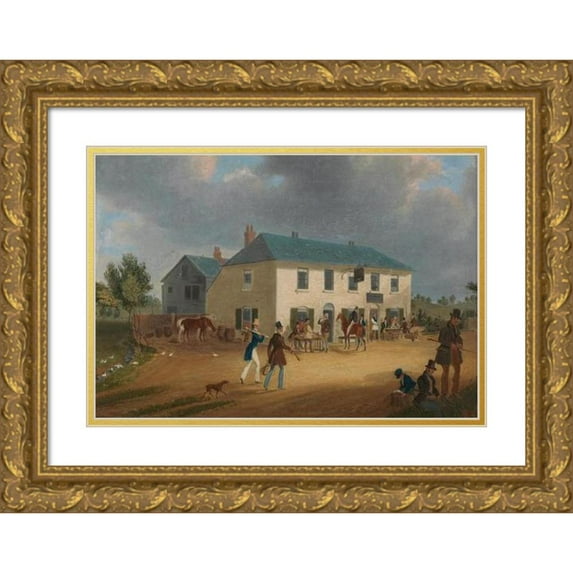 James Pollard 18x13 Gold Ornate Wood Frame and Double Matted Museum Art Print Titled - Outside the Pike and Anchor Inn at Ponders End, Middlesex (1834)