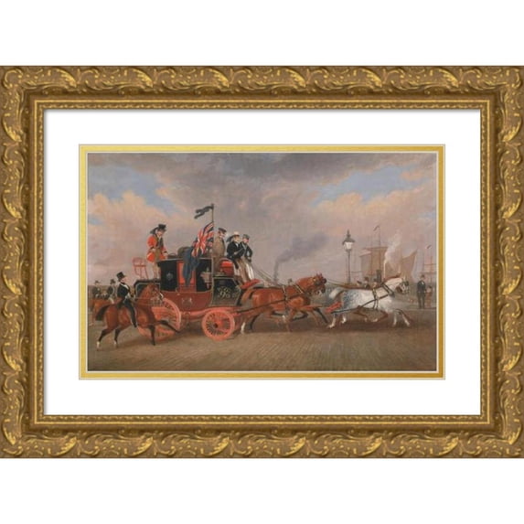 James Pollard 24x17 Gold Ornate Framed and Double Matted Museum Art Print Titled - The Last of the Mail Coaches at Newcastle Upon Tyne (1848)