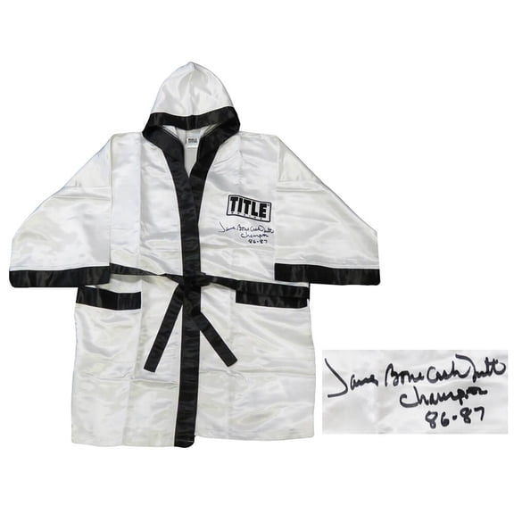 James Smith Signed Title White Full Length Boxing Robe w/Bonecrusher, Champ 86-87