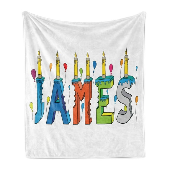 James Soft Flannel Fleece Throw Blanket, Surprise Party Themed Cheery Letters of a Popular Male Name Birthday Celebration, Cozy Plush for Indoor and Outdoor Use, 50" x 70", Multicolor, by Ambesonne