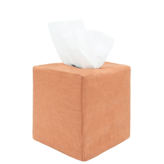 PILLOWPIA James Stonewashed Linen Tissue Box Holder, Sandalwood, Decorative Home Accessory, 4.5" L x 4.5" W x 5.5" H