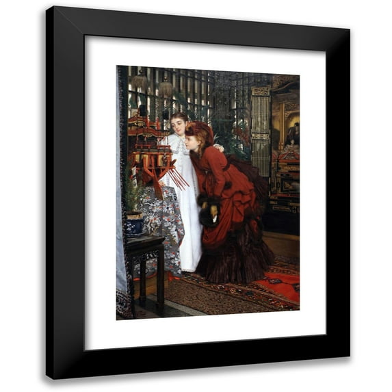 James Tissot 14x18 Black Modern Framed Museum Art Print Titled - Young Woman Looking at Japanese Items (1869)