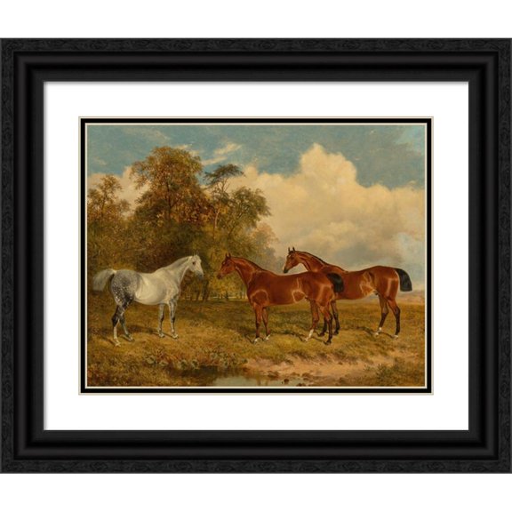 James Walsham Baldock 24x20 Black Ornate Framed Double Matted Museum Art Print Titled: Two Bay Horses and a Dappled Grey in a Field with Trees on the Left (1869)
