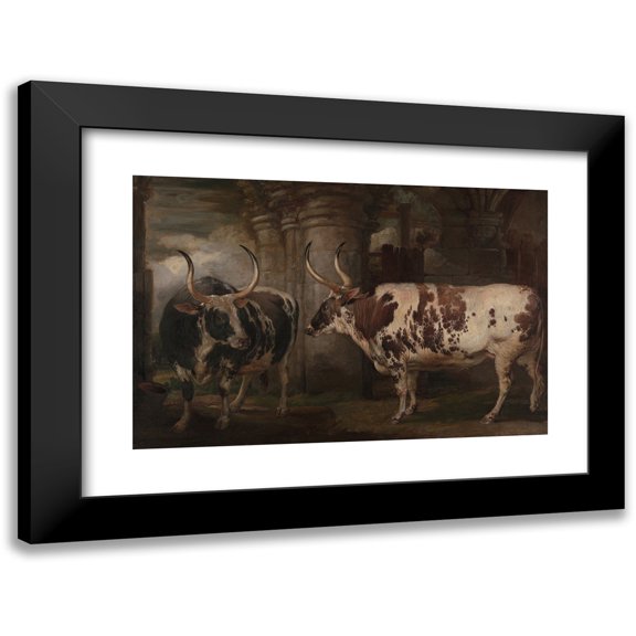 James Ward 14x11 Black Modern Framed Museum Art Print Titled - Portraits of Two Extraordinary Oxen, the Property of the Earl of Powis (1814)