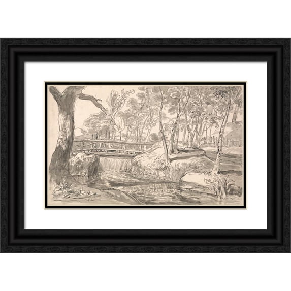 James Ward 14x11 Black Ornate Wood Framed Double Matted Museum Art Print Titled: River Landscape with a Waterfall