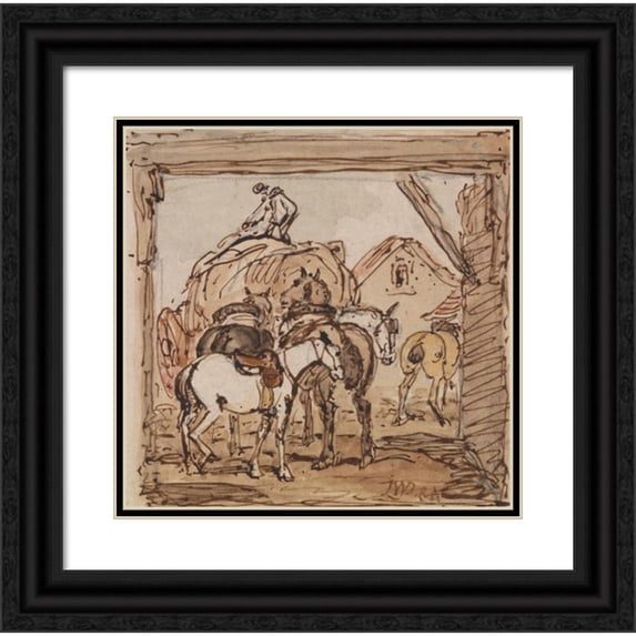 James Ward 15x15 Black Ornate Wood Framed Double Matted Museum Art Print Titled - Farmyard and Horses