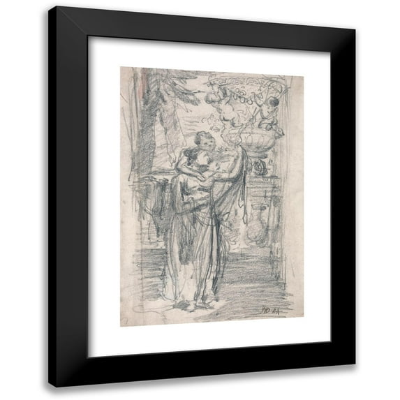James Ward 18x24 Black Modern Framed Museum Art Print Titled - Two Girls (Or Lady and Child) on a Garden Terrace Near an Ornamental Urn