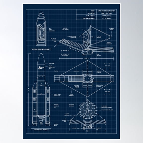 James Webb Space Telescope (Navy Blueprint. Vertical) Poster Wall Art, Modern Wall Decor, 8x12 UNFRAMED