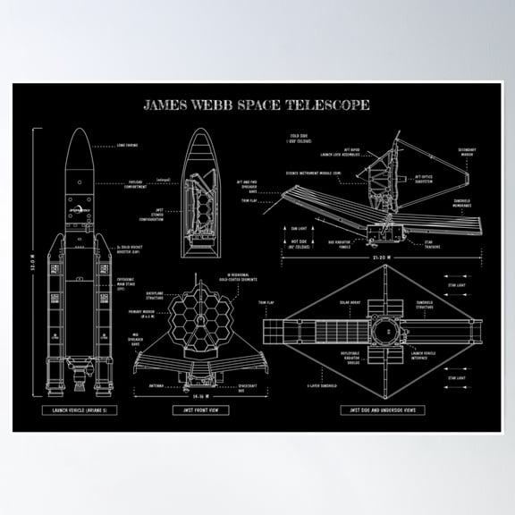 James Webb Space Telescope (White Stencil - No Background) Poster Wall Art, Modern Wall Decor, 24x36 UNFRAMED