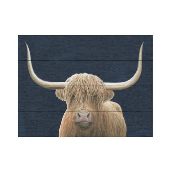 James Wiens 'Highland Cow Navy' Wood Slat Art 12x16