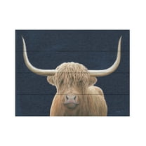 James Wiens 'Highland Cow Navy' Wood Slat Art 12x16