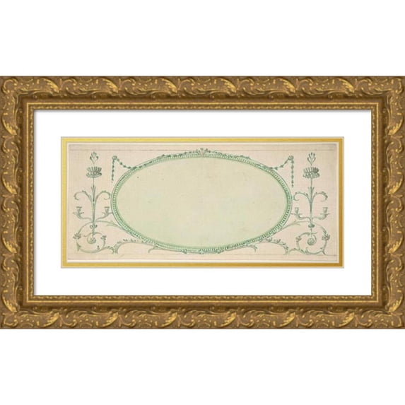 James Wyatt 18x10 Gold Ornate Wood Frame and Double Matted Museum Art Print Titled - Design for a Mirror in the Form of a Horizontal Oval, Elevation (Mid-18th-Early 19th Century)