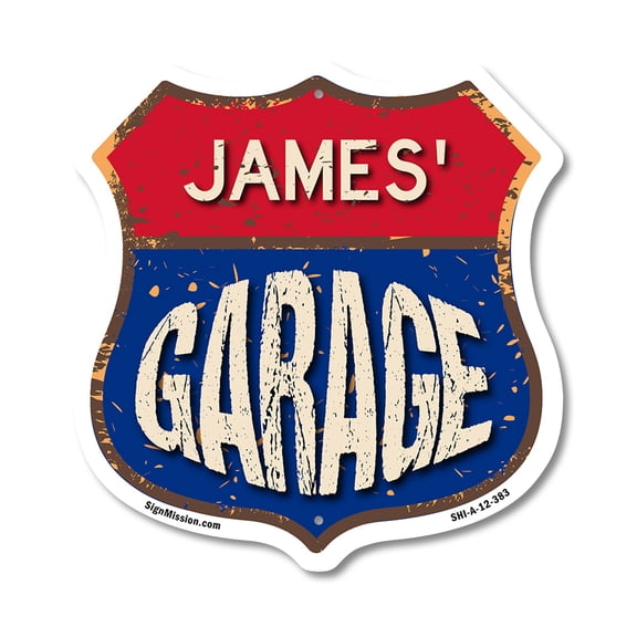 James's Garage 12 inch X 12 inch Shield-Shaped Rust-Free Aluminum Metal Sign Weather Resistant, UV Protected To last, Gift for Dads and Uncles Classic Americana Crafted in the USA
