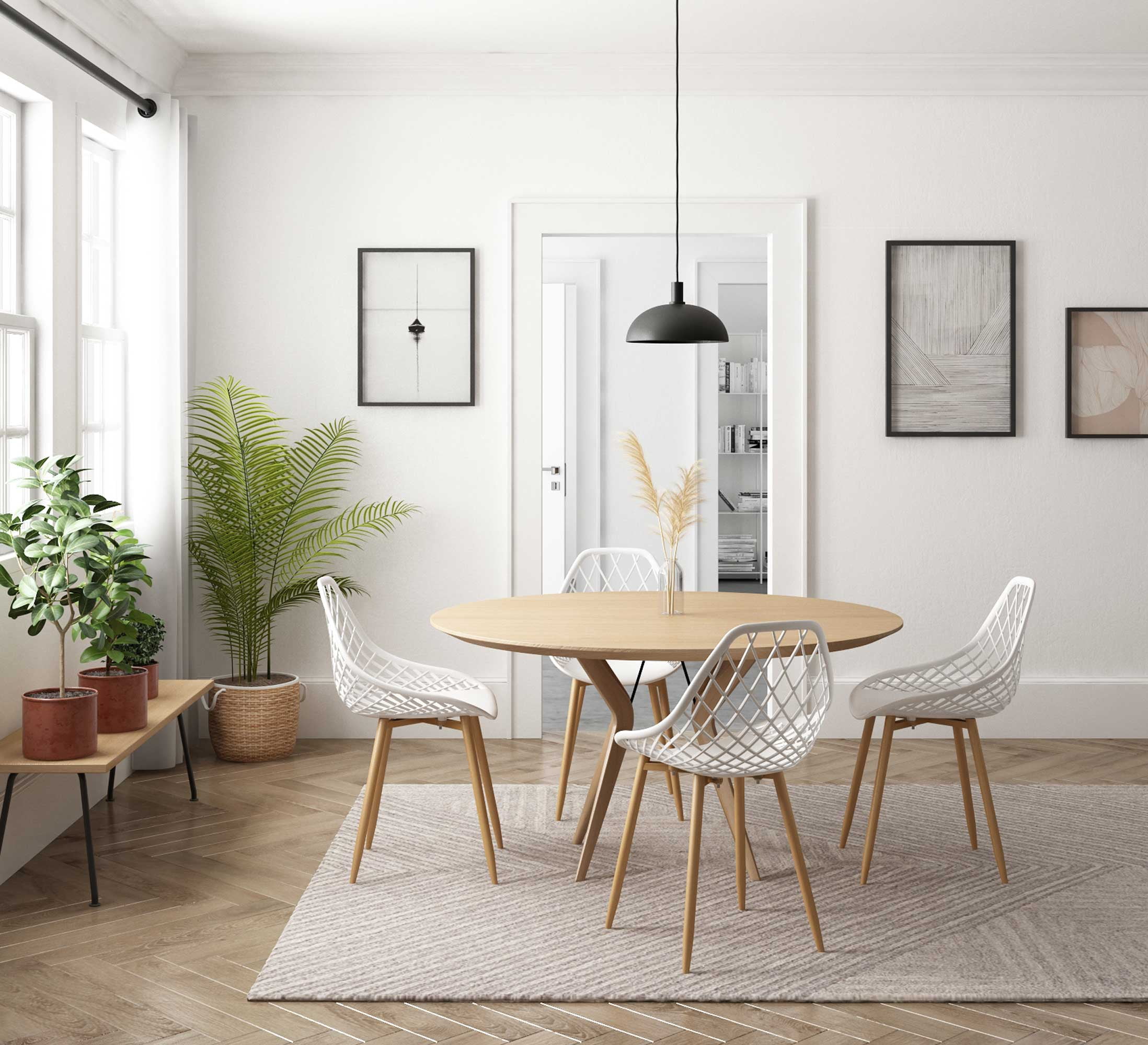 Kurv White and Natural Armless Dining Chairs with Steel Frame