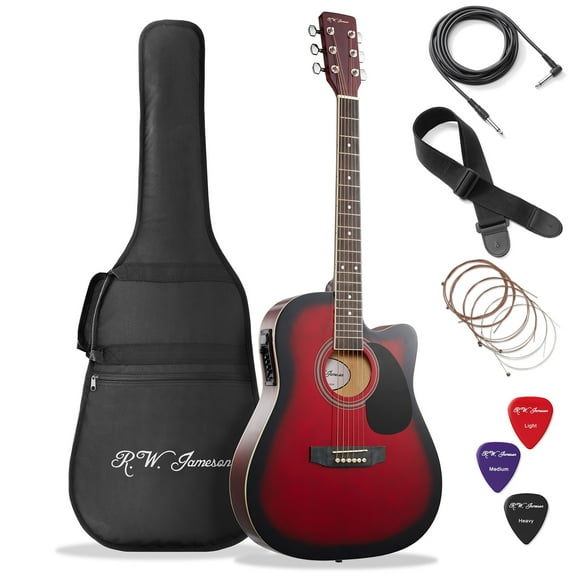 Jameson 41-Inch Full-Size Acoustic Electric Guitar with Thinline Cutaway Design, Red