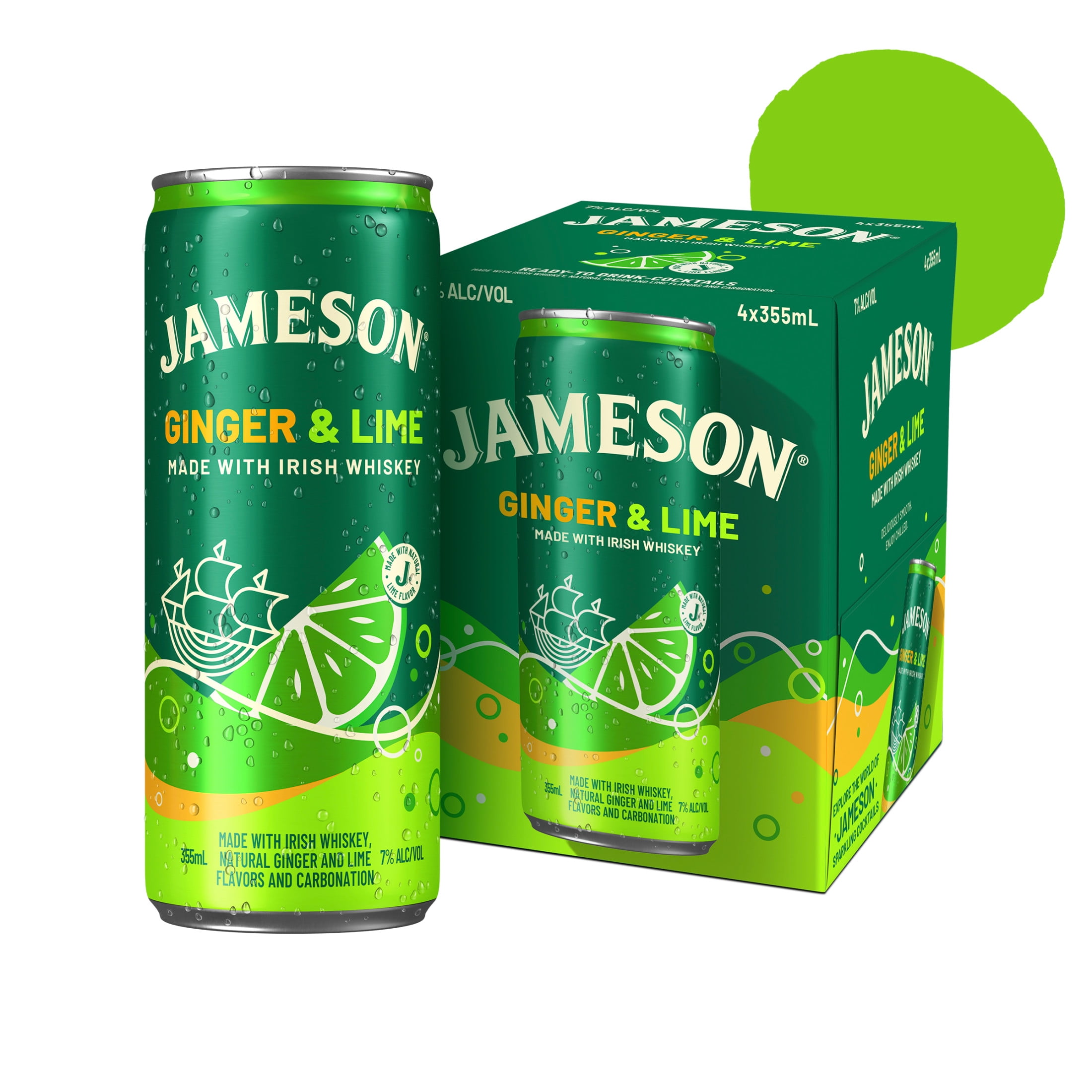 Jameson Ginger and Lime Ready to Drink Irish Whiskey Cocktail, 4 Pack, 12 fl oz Cans, 7% ABV