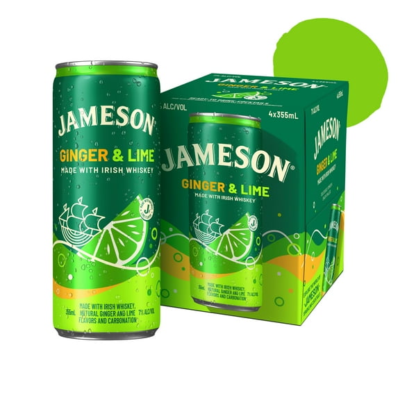 Jameson Ginger and Lime Ready to Drink Irish Whiskey Cocktail, 4 Pack, 12 fl oz Cans, 7% ABV