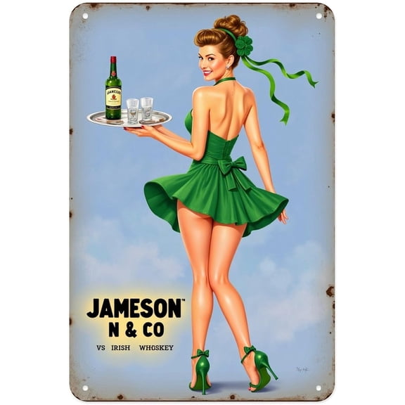 Jameson Girl Tin Sign Vintage Irish Whiskey Metal Sign Print Aesthetic for Garden Yard Bar Porch Home Bedroom Kitchen Wall Decor Gift 8 X 12 in