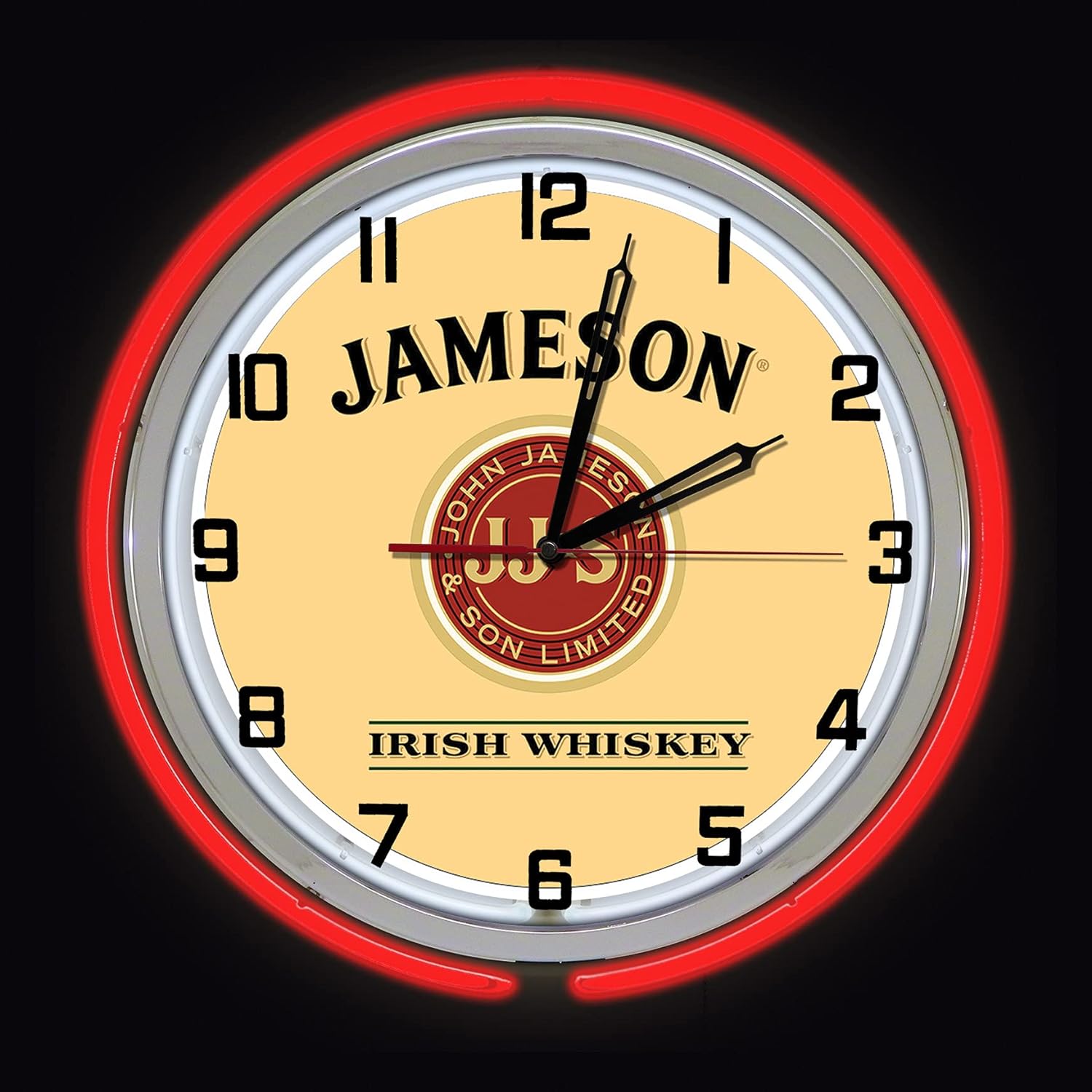 Jameson Irish Whiskey Sign Neon Clock, RED Outside Tube, Two Neon Tubes
