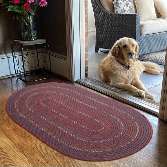 Jamestown Braided Oval Rugs 20x30 - Burgundy and Navy Jute Bathroom Rug for Primitive Decor