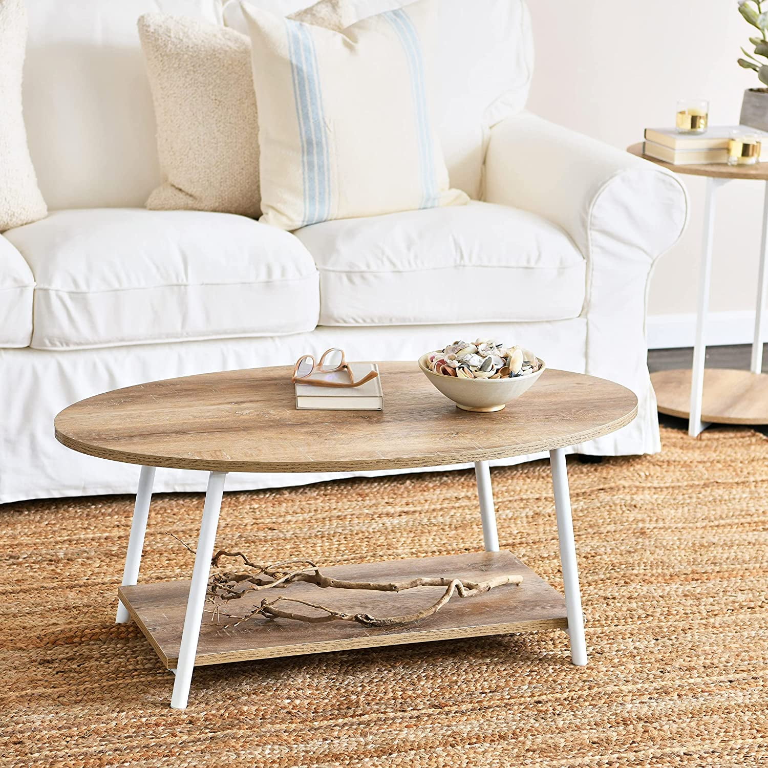 Jamestown Oval Coffee Table with Storage Shelf - Oak Rustic Wood Grain ...