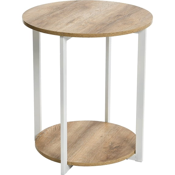 Jamestown Round Side End Table with Storage Shelf Coastal Oak Rustic Wood Grain and White Metal