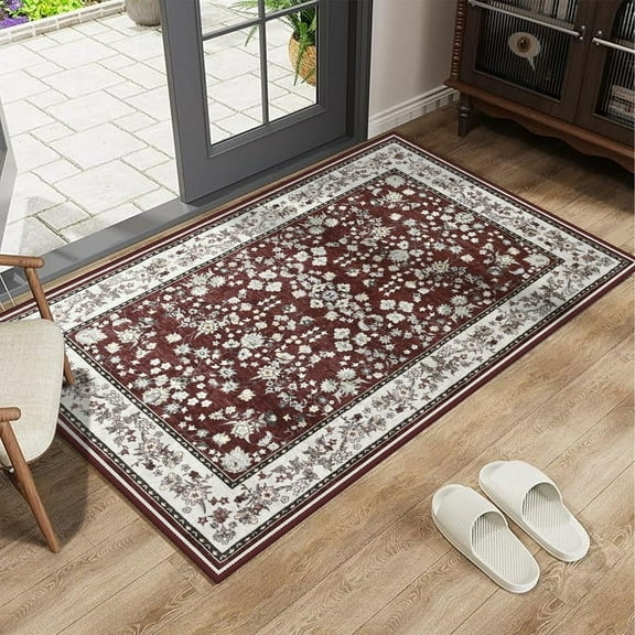 Jamfeel 2x3 Entryway Rug Distressed Vintage Print Washable Rugs Door Mat for Kitchen Bedroom Indoor Entrance, Red
