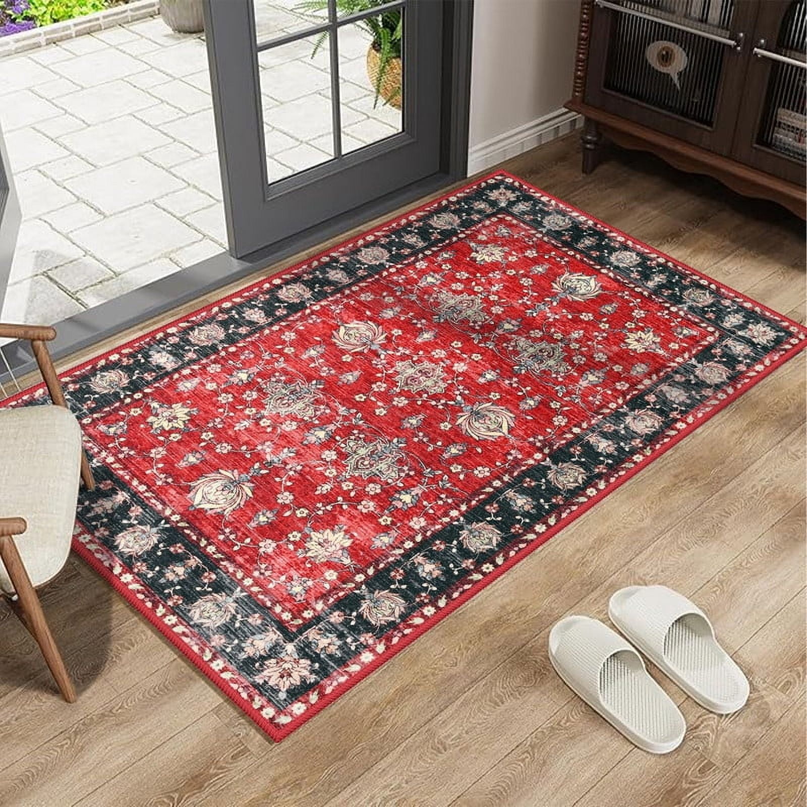 Jamfeel 2x3 Small Rugs Vintage Print Washable Door Mat Indoor Entrance Low Pile Rug for Living Room Entryway, Kitchen, Red