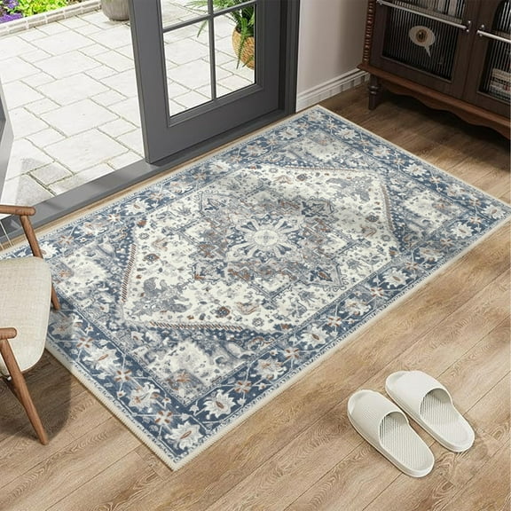 Jamfeel 2x3 Washable Entry Area Rugs Vintage Floral Print Carpet Low Pile Door Mat Indoor Home Decor, Beige