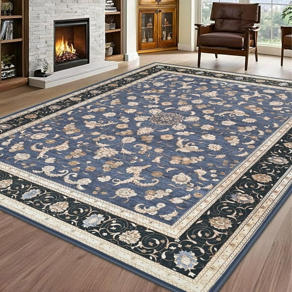 Jamfeel 4x6 Washable Area Rugs Vintage Distressed Floral Print Rugs Low Pile Carpet for Living Room Blue