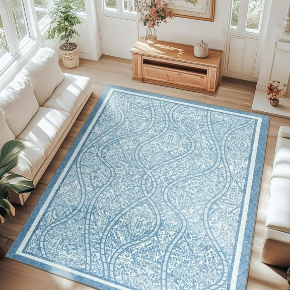 Jamfeel 5x8 Area Rugs for Living Room Modern Abstract Print Carpet Soft Low Pile Washable Rugs Bedroom, Home Decor, Blue