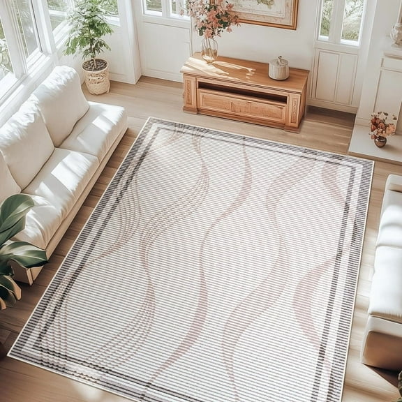 Jamfeel 5x8 Area Rugs for Living Room Modern Abstract Print Carpet Soft Low Pile Washable Rugs Bedroom, Home Decor, Camel