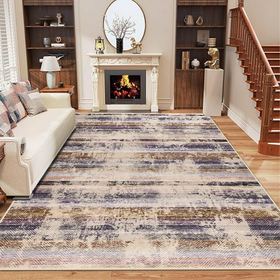 Jamfeel Abstract Area Rugs for Living Room Non Slip Kitchen Rugs Classic Printed Faux Wool Carpet, 4'x6', Gray and Purple