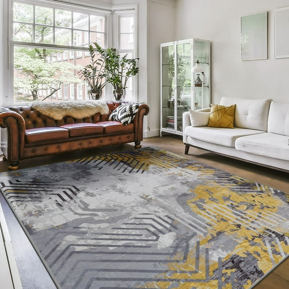 Jamfeel Abstract Area Rugs for Living Room Soft Thin Low Pile Printed Carpet Washable Rugs Home Decor 4'x6' Gray and Yellow
