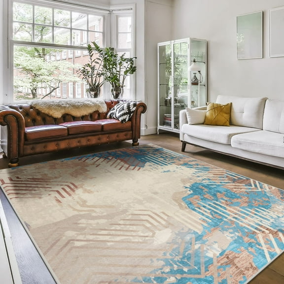Jamfeel Abstract Area Rugs for Living Room Soft Thin Low Pile Printed Carpet Washable Rugs Home Decor 4'x6' Orange and Blue