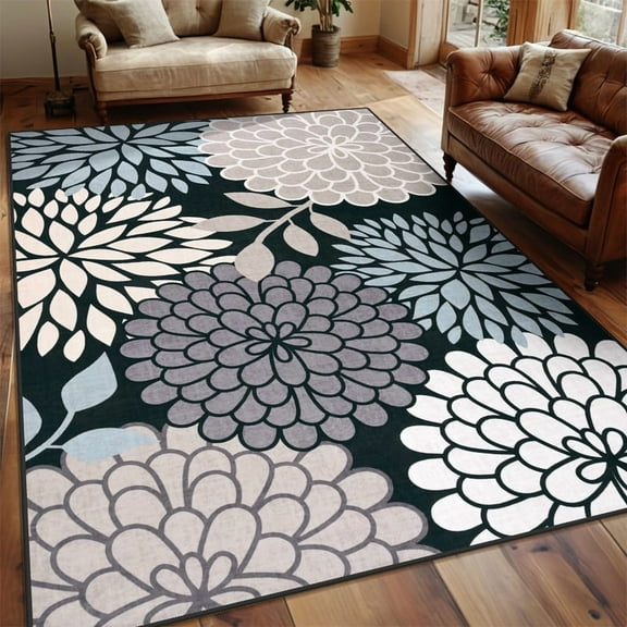 Jamfeel Area Rug Soft Non-slip Daisy Floral Printed Carpet Washable Rugs for Living Room Bedroom Home Decor 4'x6' Black