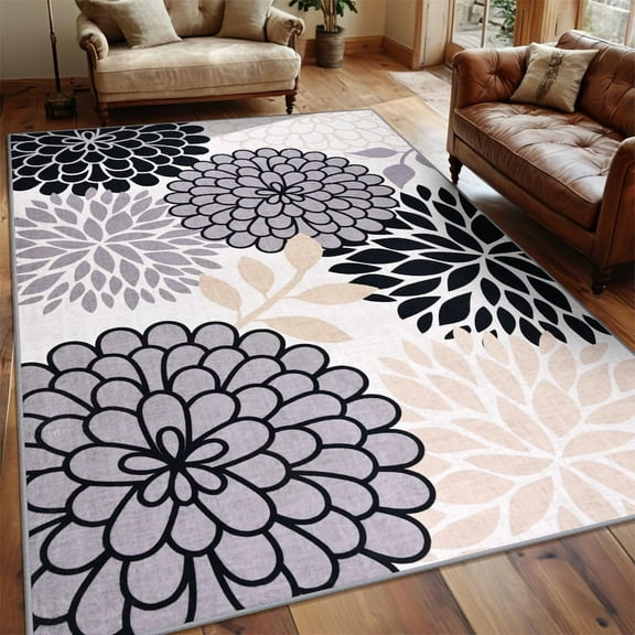 Jamfeel Area Rug Soft Non-slip Daisy Floral Printed Carpet Washable Rugs for Living Room Bedroom Home Decor 4'x6' Gray