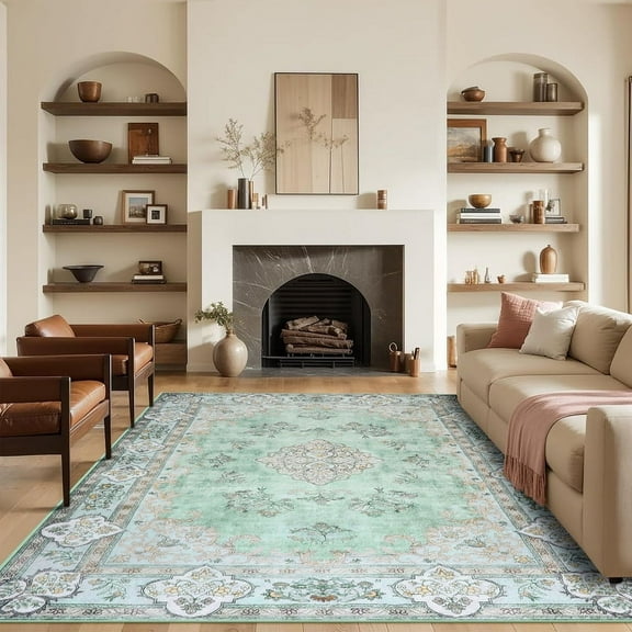 Jamfeel Area Rug for Living Room Washable Boho Floral Printed Floor Carpets Soft Non-Slip Low Pile Rugs Home Decor 4'x6' Green