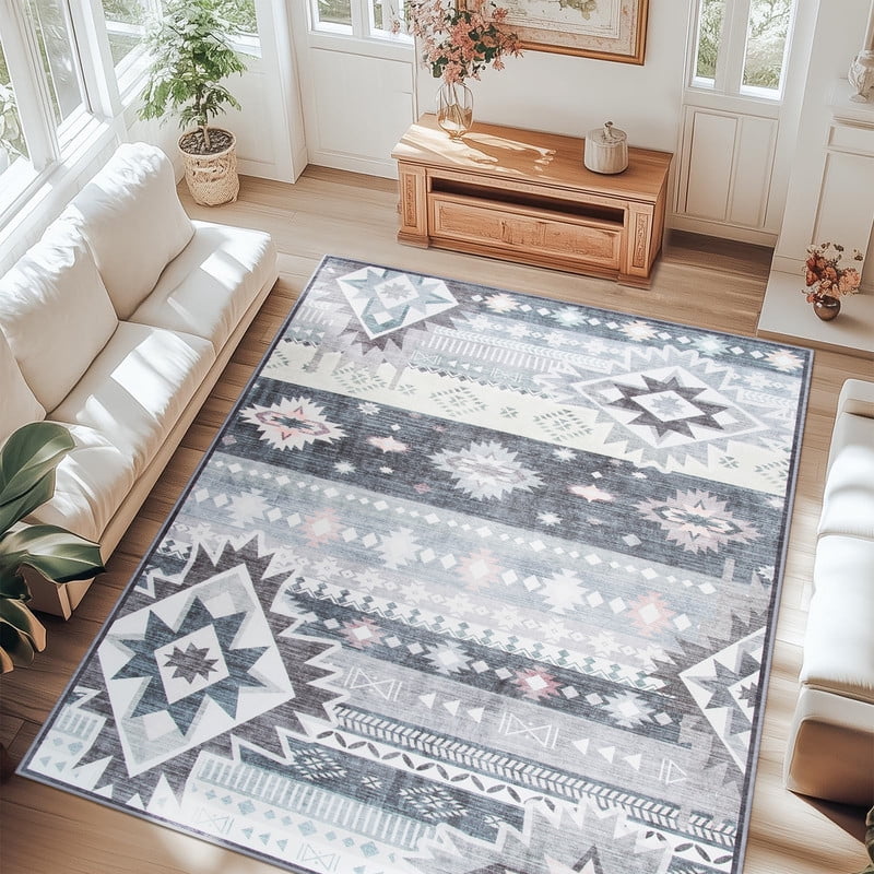 Jamfeel Area Rugs Boho Print Low Pile Washable Carpet Soft Non-slip Rug for Living Room Bedroom Kitchen 4'x6' Blue and Grey