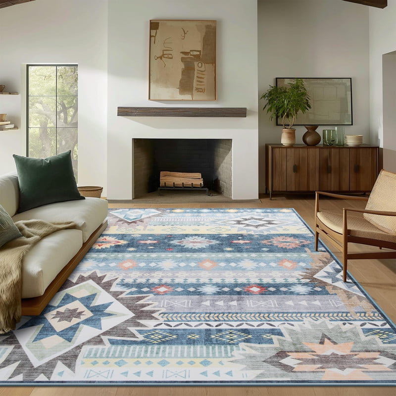 Jamfeel Area Rugs Boho Print Low Pile Washable Carpet Soft Non-slip Rug for Living Room Bedroom Kitchen 5'x8' Blue
