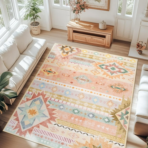 Jamfeel Area Rugs Boho Print Low Pile Washable Carpet Soft Non-slip Rug for Living Room Bedroom Kitchen 5'x8' Cinnamon