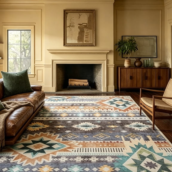 Jamfeel Area Rugs Boho Print Low Pile Washable Carpet Soft Non-slip Rug for Living Room Bedroom Kitchen 5'x8' Coffee
