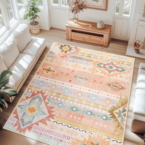 Jamfeel Area Rugs Boho Print Low Pile Washable Carpet Soft Non-slip Rug for Living Room Bedroom Kitchen 6'x9' Cinnamon