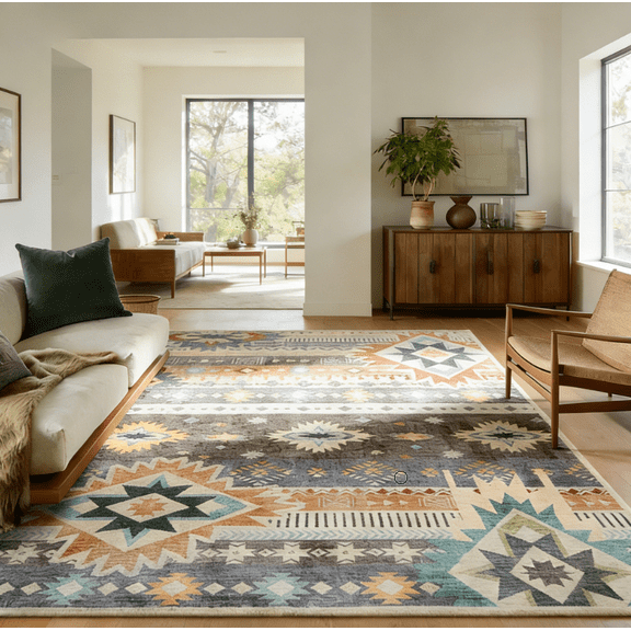 Jamfeel Area Rugs Boho Print Low Pile Washable Carpet Soft Non-slip Rug for Living Room Bedroom Kitchen 6'x9' Coffee