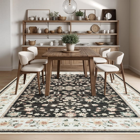Jamfeel Area Rugs Vintage Floral Printed Washable Rugs Soft Low Pile Non Slip Carpet for Living Room 4'x6' Black and Pink