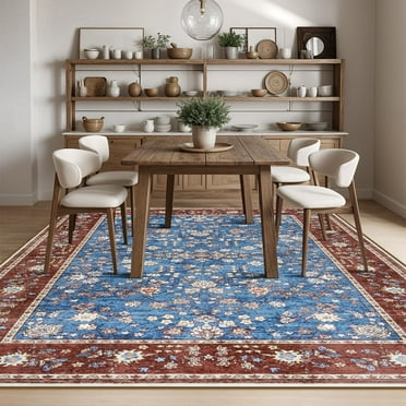 Jamfeel Area Rugs Vintage Floral Printed Washable Rugs Soft Low Pile Non Slip Carpet for Living Room 5'x8' Blue and Red