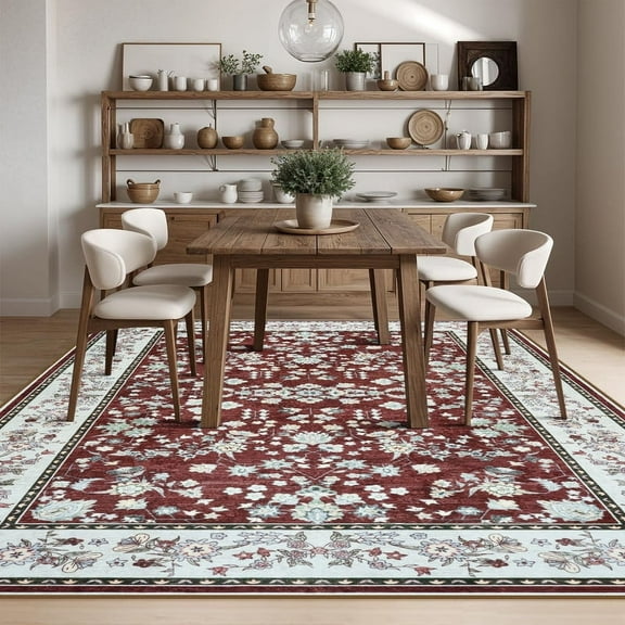 Jamfeel Area Rugs Vintage Floral Printed Washable Rugs Soft Low Pile Non Slip Carpet for Living Room 5'x8'Red