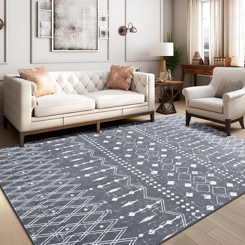Jamfeel Area Rugs Vintage Geometric Printed Washable Rug Comfy Soft Non Slip Low Pile Carpet for Living Room, Kitchen, Office 4'x6' Gray