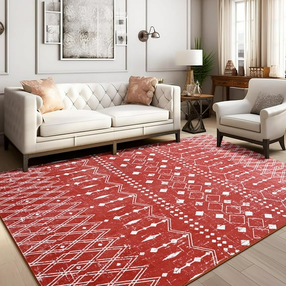 Jamfeel Area Rugs Vintage Geometric Printed Washable Rug Comfy Soft Non Slip Low Pile Carpet for Living Room, Kitchen, Office 4'x6' Red