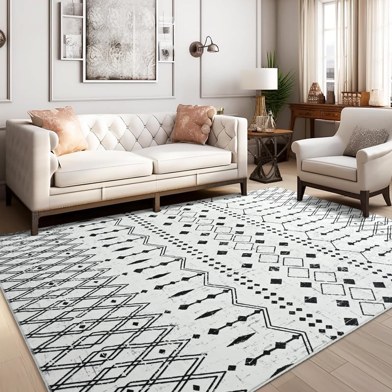 Jamfeel Area Rugs Vintage Geometric Printed Washable Rug Comfy Soft Non Slip Low Pile Carpet for Living Room, Kitchen, Office 5'x8' Beige